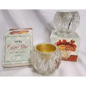 VTG Pair of Avon - Crystal Glow Perfumed Candle Holder - With Box - Heavy Nice!